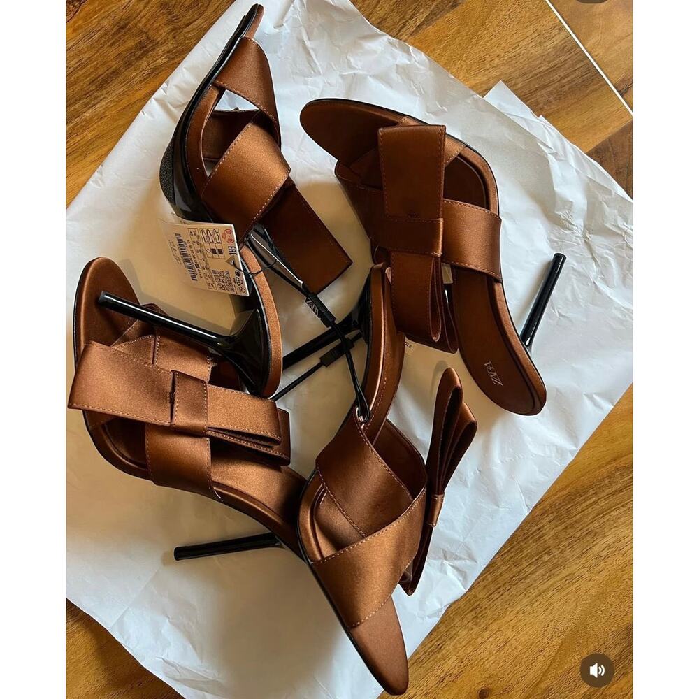 ZARA Satin Brown Heels NWT | Crossover Strap with Bow Detail - Picture 15 of 16